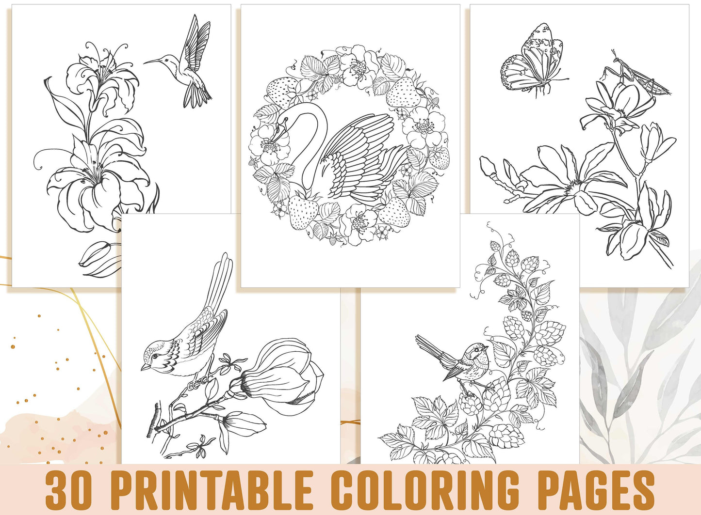 Adult Coloring Pages, 30 Printable Adult Coloring Pages, Botanical Floral Sketches Drawings, Birds and Flowers, Bee & Butterfly Garden, PDF