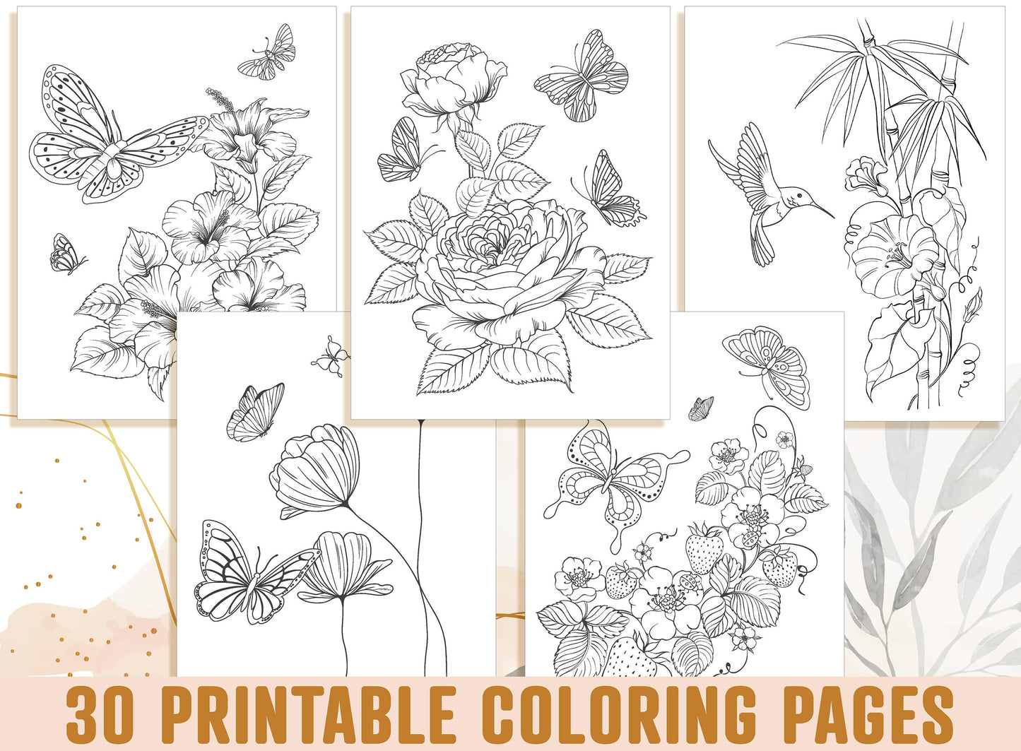 Adult Coloring Pages, 30 Printable Adult Coloring Pages, Botanical Floral Sketches Drawings, Birds and Flowers, Bee & Butterfly Garden, PDF