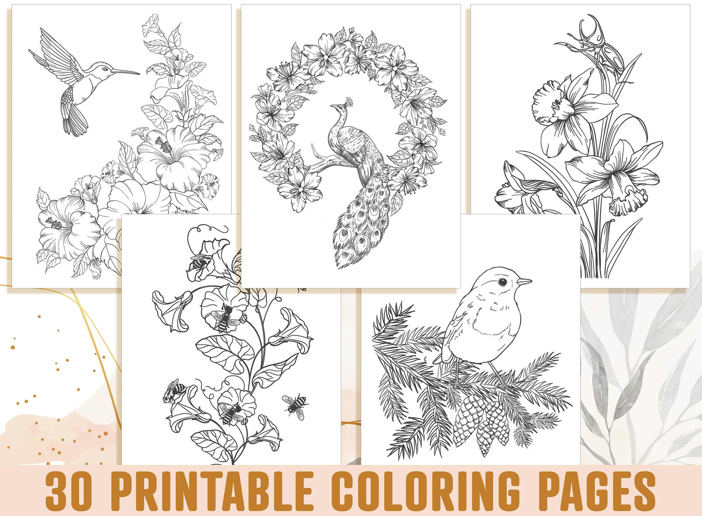 Adult Coloring Pages, 30 Printable Adult Coloring Pages, Botanical Floral Sketches Drawings, Birds and Flowers, Bee & Butterfly Garden, PDF