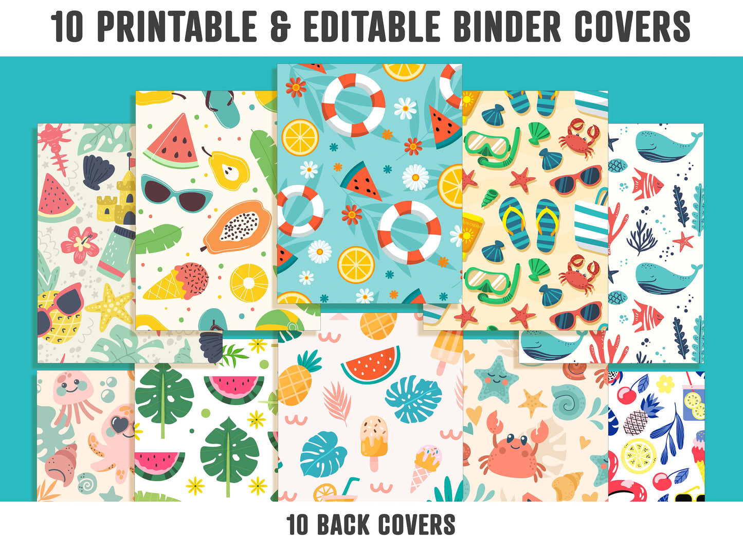 Binder Cover Template, 10 Printable/Editable Binder Covers+Spines, Planner Insert, Teacher/School/Nursing/Personalized Binder Cover: Summer