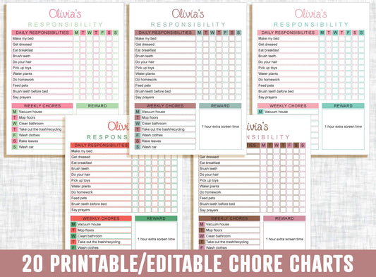 Chore Chart Printable, 20 Responsibility Chore Chart for Kids, Fully Editable Daily/Weekly Reward Chart, Routine, Checklist, To Do List, PDF