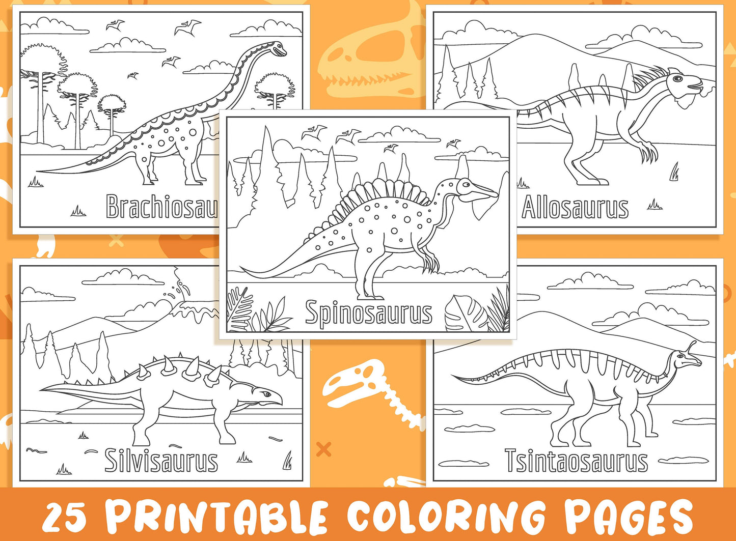 Dinosaur Coloring Pages for Kids, 25 Printable Dinosaur Coloring Pages with Names for Kids, Free 25 Pages (4"x5"), PDF, Instant Download