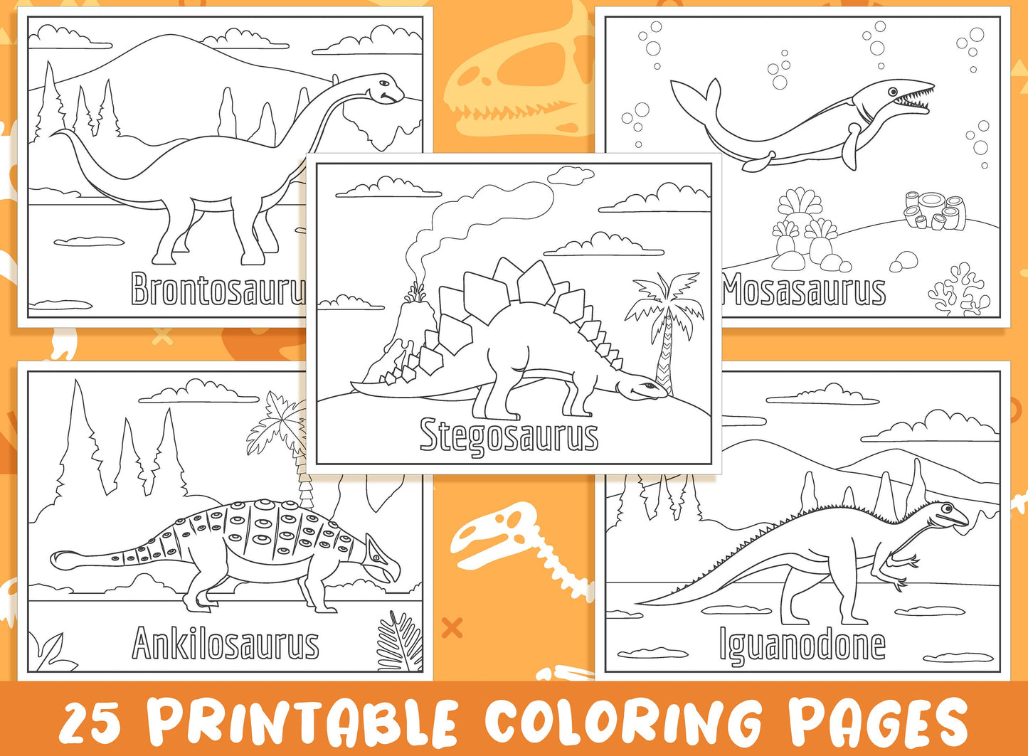 Dinosaur Coloring Pages for Kids, 25 Printable Dinosaur Coloring Pages with Names for Kids, Free 25 Pages (4"x5"), PDF, Instant Download