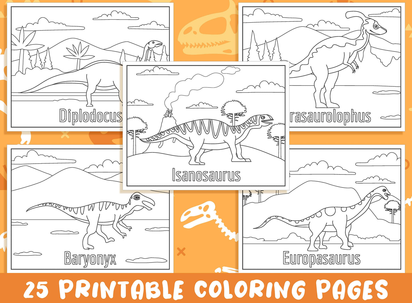 Dinosaur Coloring Pages for Kids, 25 Printable Dinosaur Coloring Pages with Names for Kids, Free 25 Pages (4"x5"), PDF, Instant Download