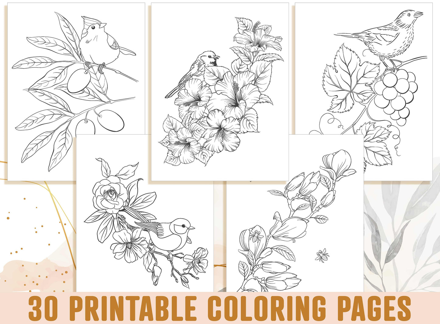 Adult Coloring Pages, 30 Printable Adult Coloring Pages, Botanical Floral Sketches Drawings, Birds and Flowers, Bee & Butterfly Garden, PDF