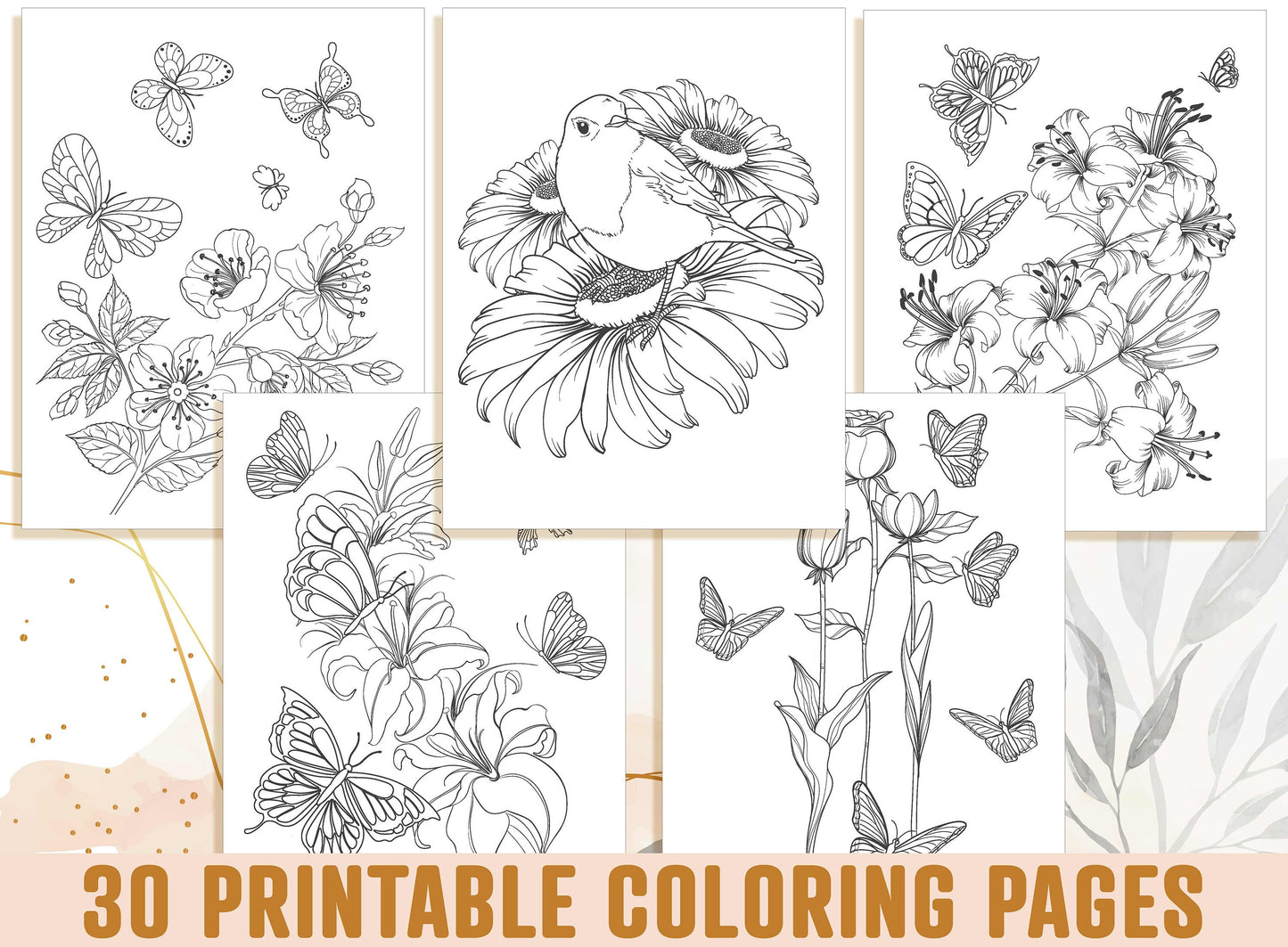 Adult Coloring Pages, 30 Printable Adult Coloring Pages, Botanical Floral Sketches Drawings, Birds and Flowers, Bee & Butterfly Garden, PDF