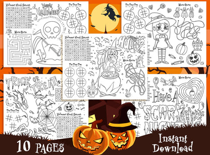 Halloween Placemats, 10 Halloween Printable Placemats for Kids, Boys, Girls, Teens, Halloween Party Activity Ideas, Kids Coloring Pages, PDF