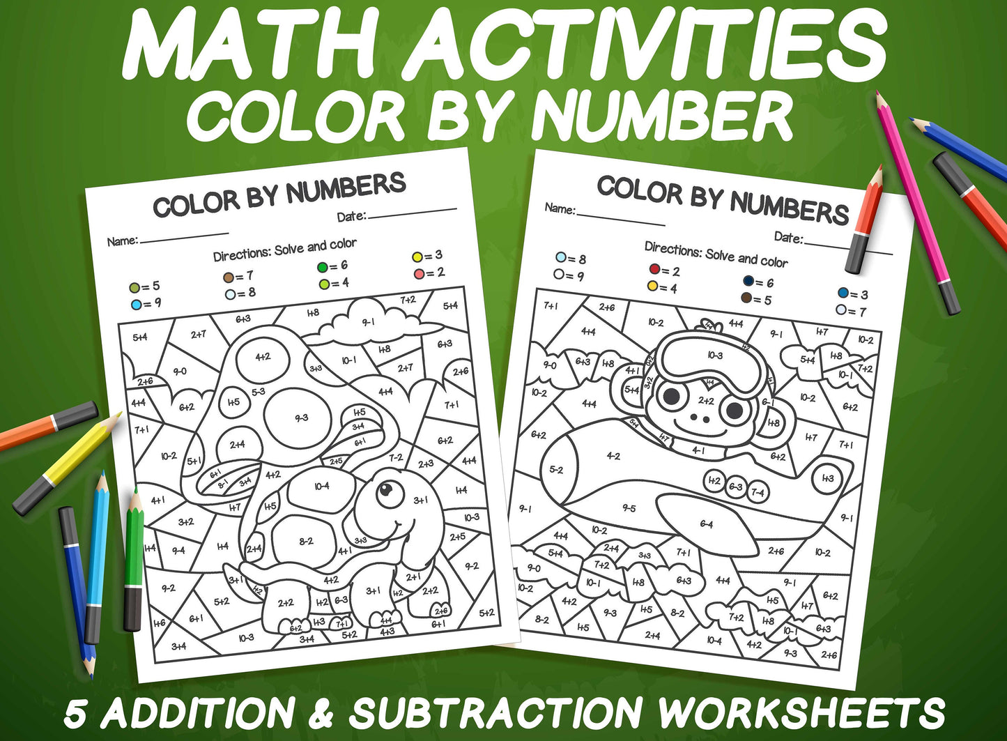 Color By Number for Kids, 5 Printable Color By Number Pages, Printable Math Activities, Animal Color by Number, Addition & Subtraction 1-10
