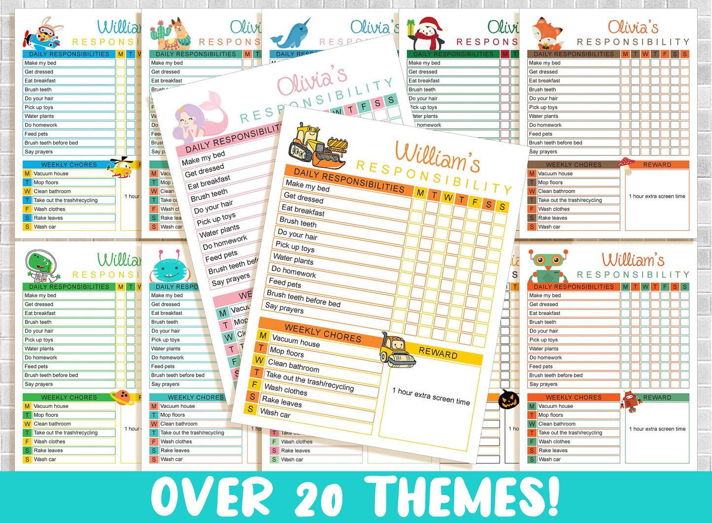 Kids Chore Chart Printable, 20 Responsibility Chore Chart for Kids, Fully Editable/Personalized Daily & Weekly Reward Chart, To Do List, PDF