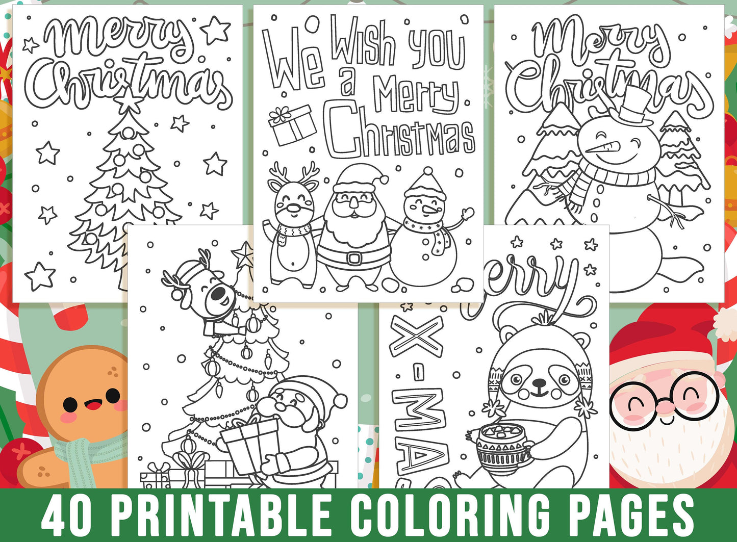 Christmas Coloring Book, 40 Printable Christmas Coloring Pages for Kids. Merry Christmas, Christmas Tree Santa Claus Snowman, Party Activity