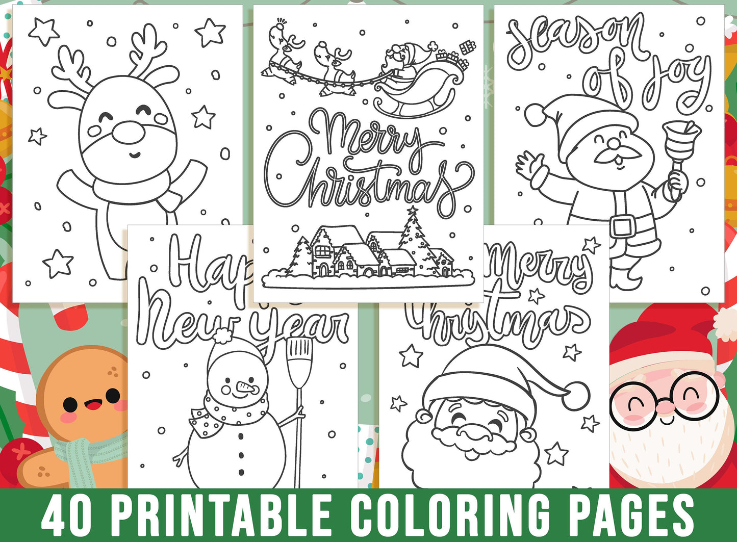 Christmas Coloring Book, 40 Printable Christmas Coloring Pages for Kids. Merry Christmas, Christmas Tree Santa Claus Snowman, Party Activity