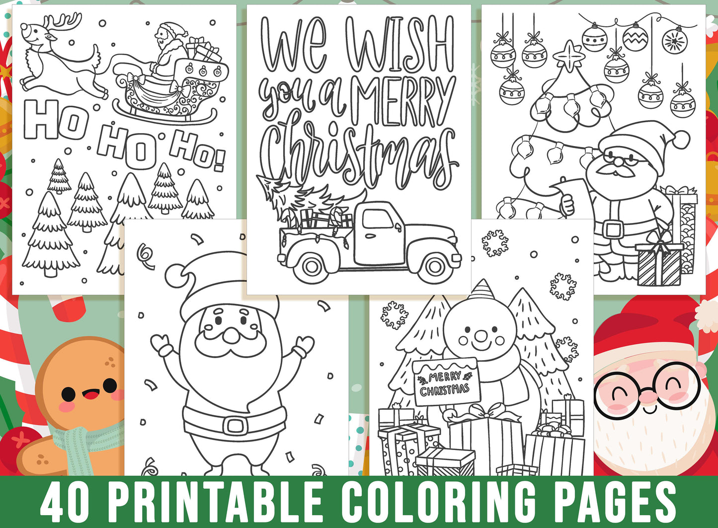 Christmas Coloring Book, 40 Printable Christmas Coloring Pages for Kids. Merry Christmas, Christmas Tree Santa Claus Snowman, Party Activity