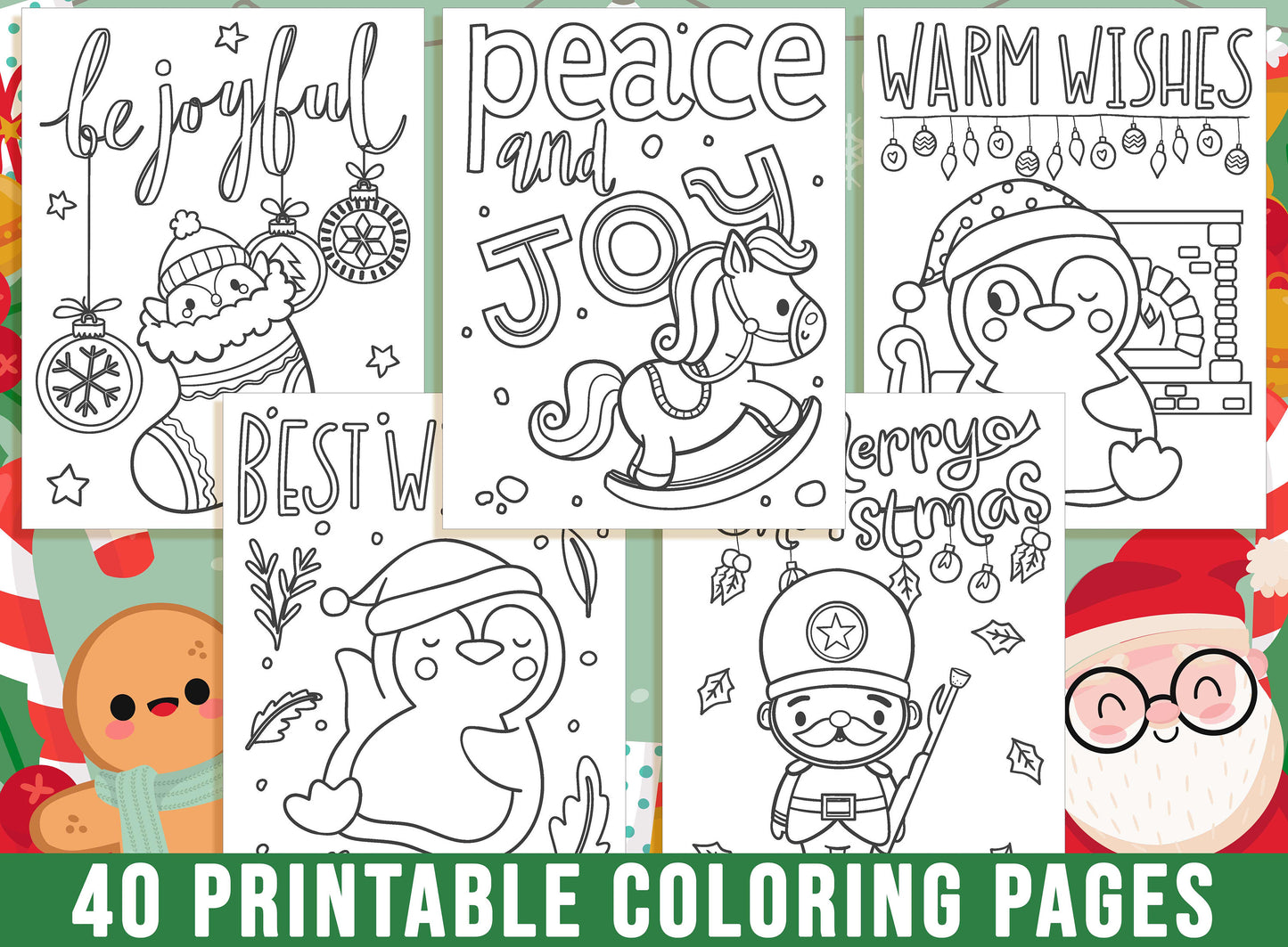 Christmas Coloring Book, 40 Printable Christmas Coloring Pages for Kids. Merry Christmas, Christmas Tree Santa Claus Snowman, Party Activity