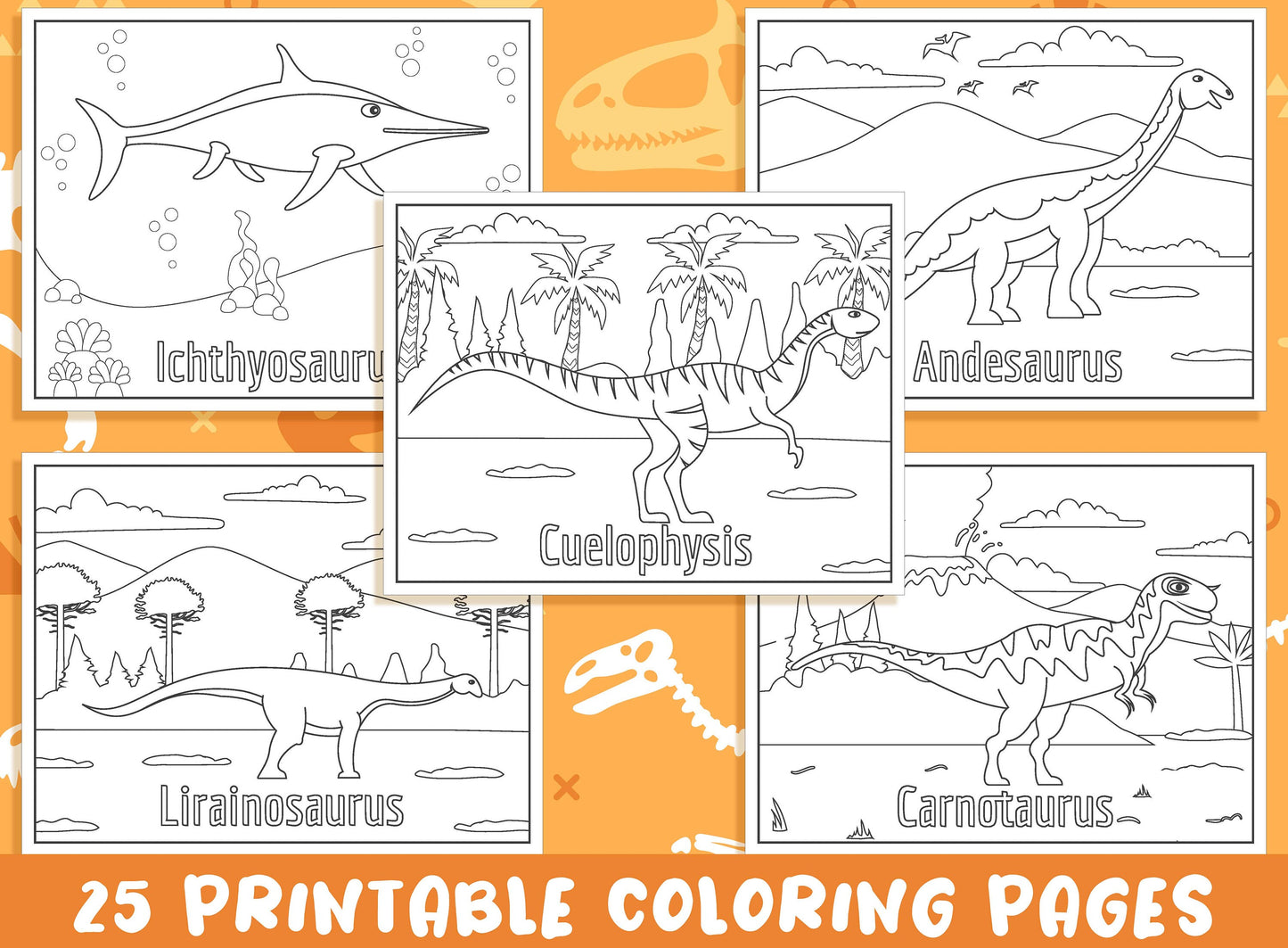 Dinosaur Coloring Pages for Kids, 25 Printable Dinosaur Coloring Pages with Names for Kids, Free 25 Pages (4"x5"), PDF, Instant Download