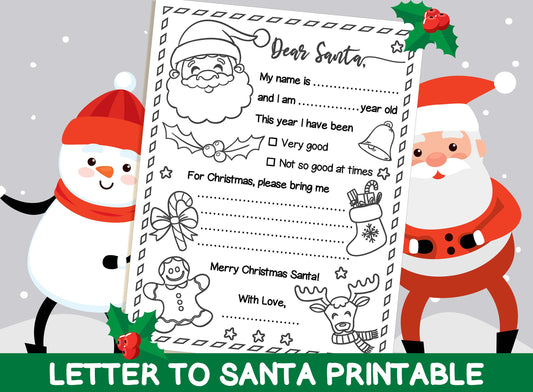 Letter to Santa Printable, Letter to Santa Coloring Page for Kids, Christmas Wish List, Christmas Kids Activity, PDF - Instant Download