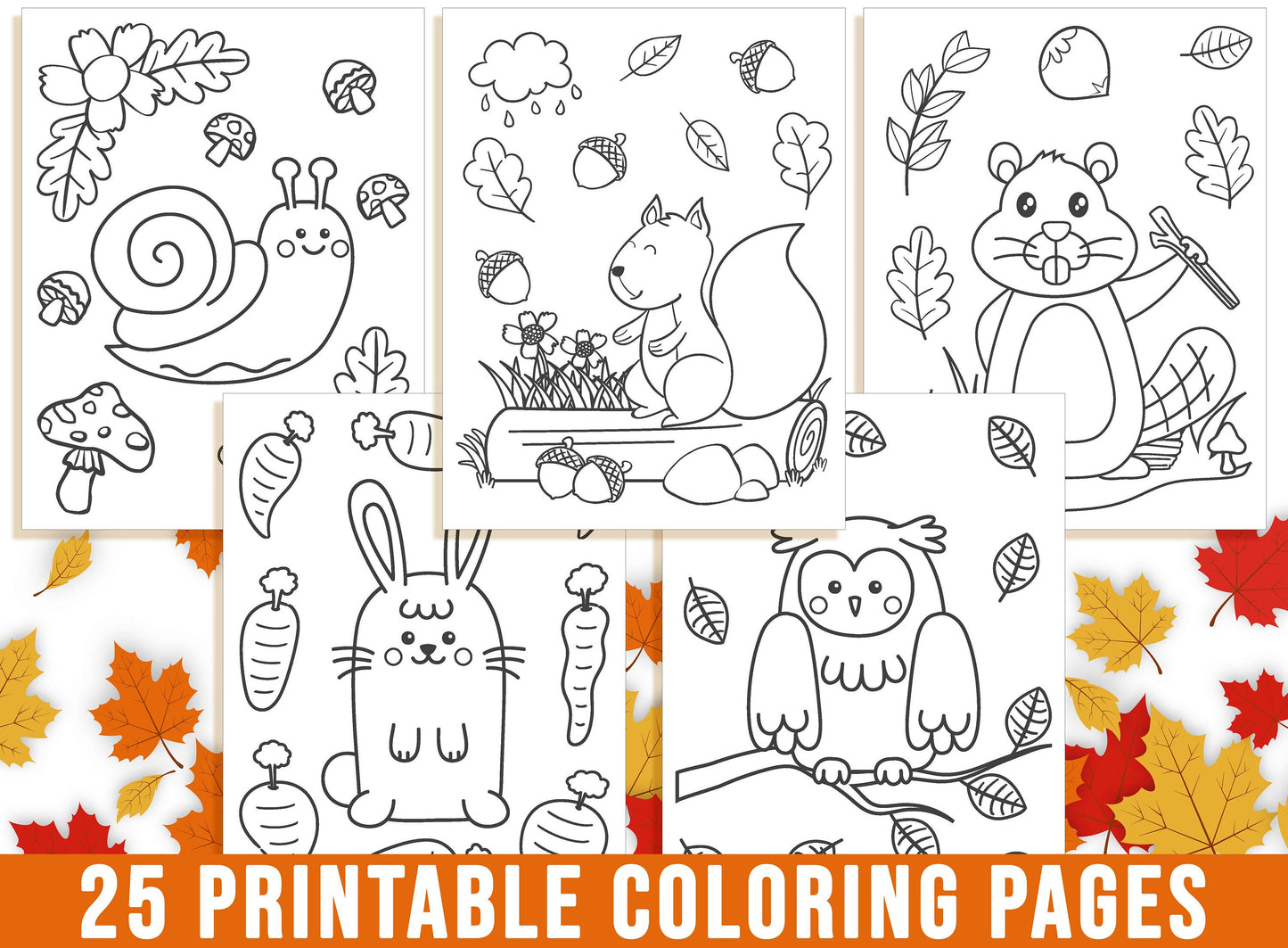 Fall Coloring Pages, Autumn Coloring Book for Kids, Fall Leaf, Fall Flower, Pumpkin, Fox, Oak, Owl, Squirrels, Deer, Bear, Thanksgiving, PDF