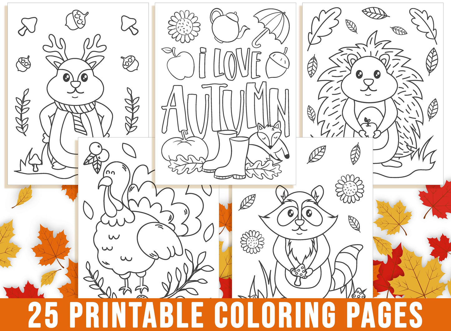 Fall Coloring Pages, Autumn Coloring Book for Kids, Fall Leaf, Fall Flower, Pumpkin, Fox, Oak, Owl, Squirrels, Deer, Bear, Thanksgiving, PDF