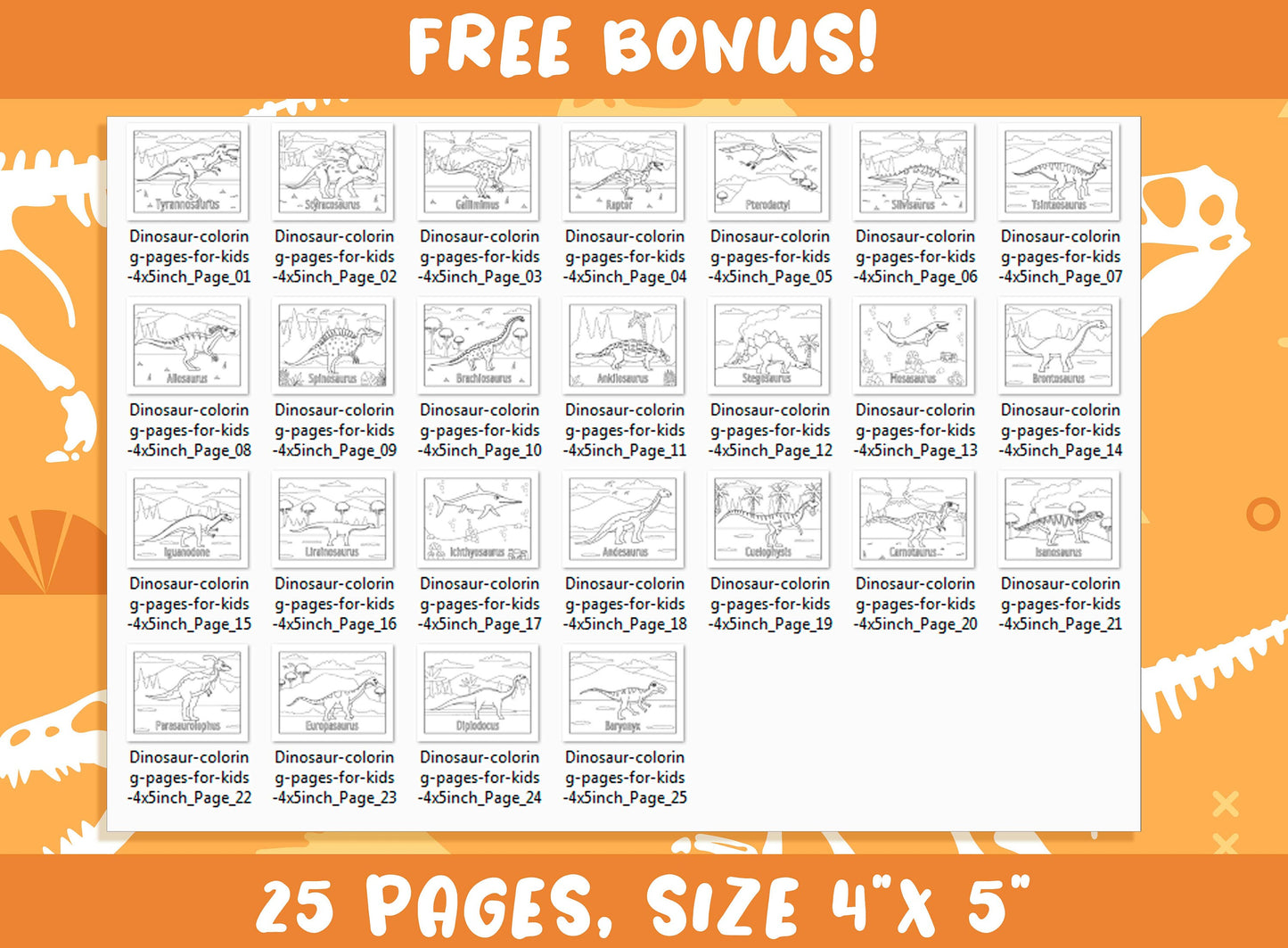 Dinosaur Coloring Pages for Kids, 25 Printable Dinosaur Coloring Pages with Names for Kids, Free 25 Pages (4"x5"), PDF, Instant Download