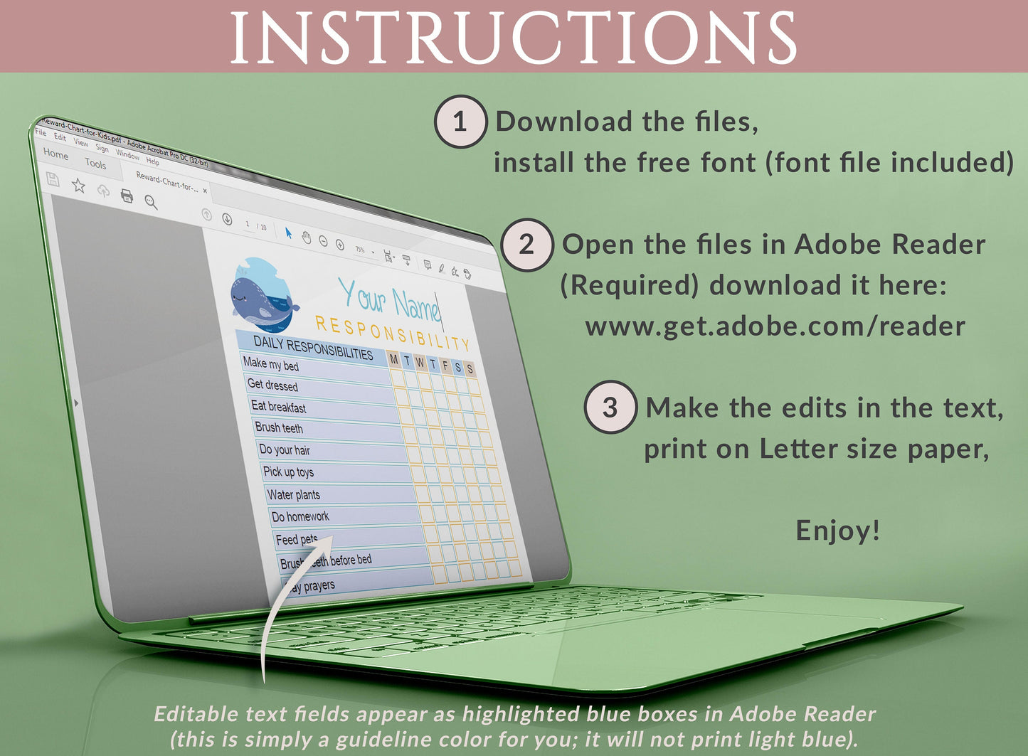 Reward Chart for Kids, Kids Chores Printable, Chore Chart for Kids Custom, Responsibility Chart Printable, Fully Editable Daily Weekly, PDF