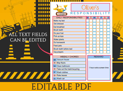 Reward Chart Printable, Kids Chores Printable, Chore Chart for Kids Custom, Responsibility Chart Printable, Fully Editable Daily Weekly, PDF
