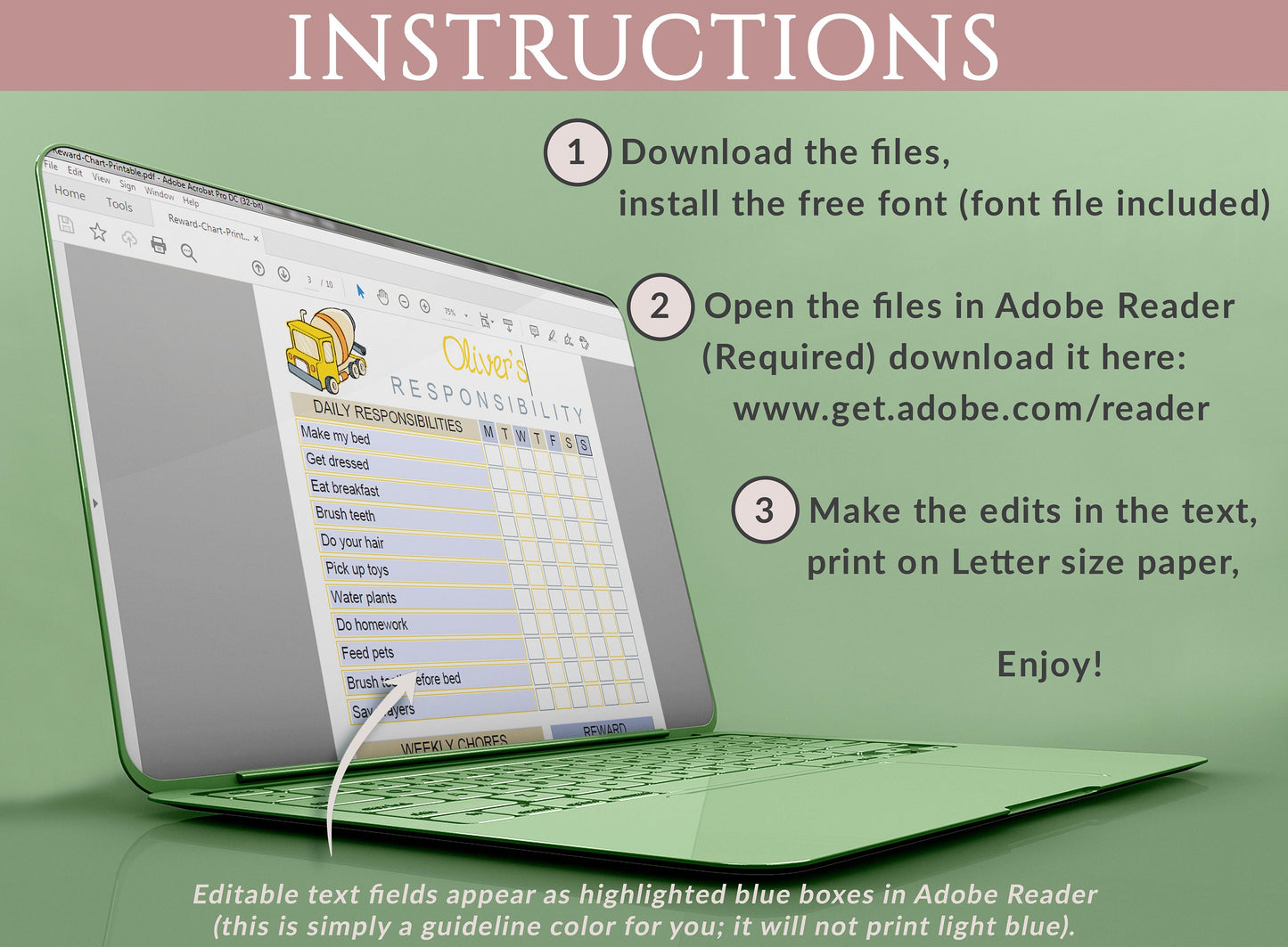 Reward Chart Printable, Kids Chores Printable, Chore Chart for Kids Custom, Responsibility Chart Printable, Fully Editable Daily Weekly, PDF