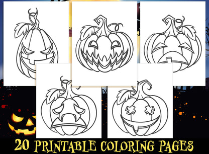 Pumpkin Coloring Pages, 20 Pumpkin Coloring Sheets for Kids, Boys, Girls, Teens. Halloween Party Activity, PDF, Instant Download.