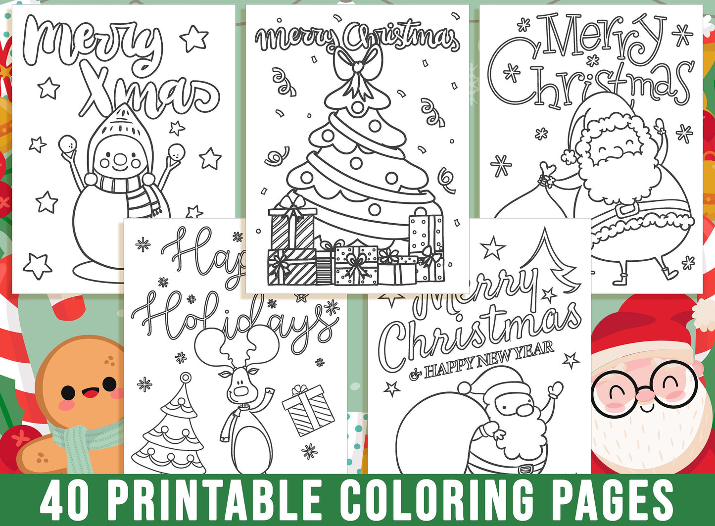 Christmas Coloring Book, 40 Printable Christmas Coloring Pages for Kids. Merry Christmas, Christmas Tree Santa Claus Snowman, Party Activity