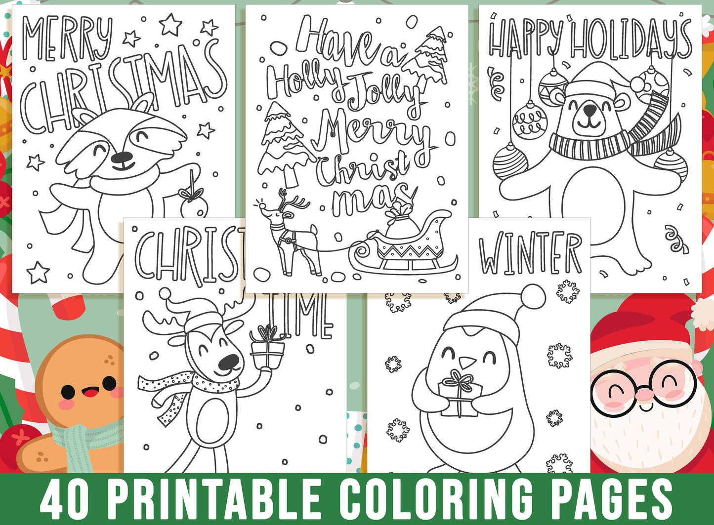 Christmas Coloring Book, 40 Printable Christmas Coloring Pages for Kids. Merry Christmas, Christmas Tree Santa Claus Snowman, Party Activity