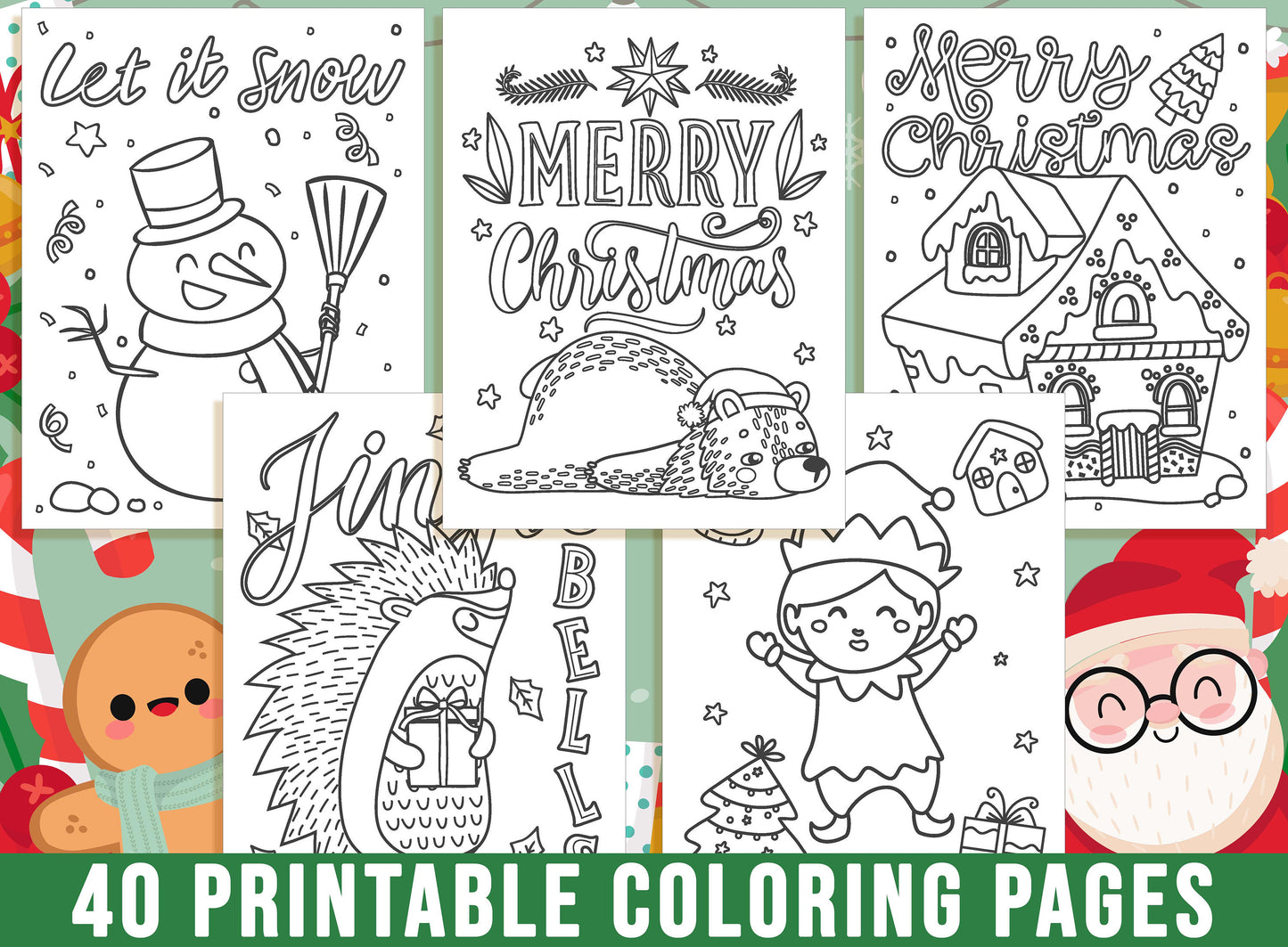 Christmas Coloring Book, 40 Printable Christmas Coloring Pages for Kids. Merry Christmas, Christmas Tree Santa Claus Snowman, Party Activity
