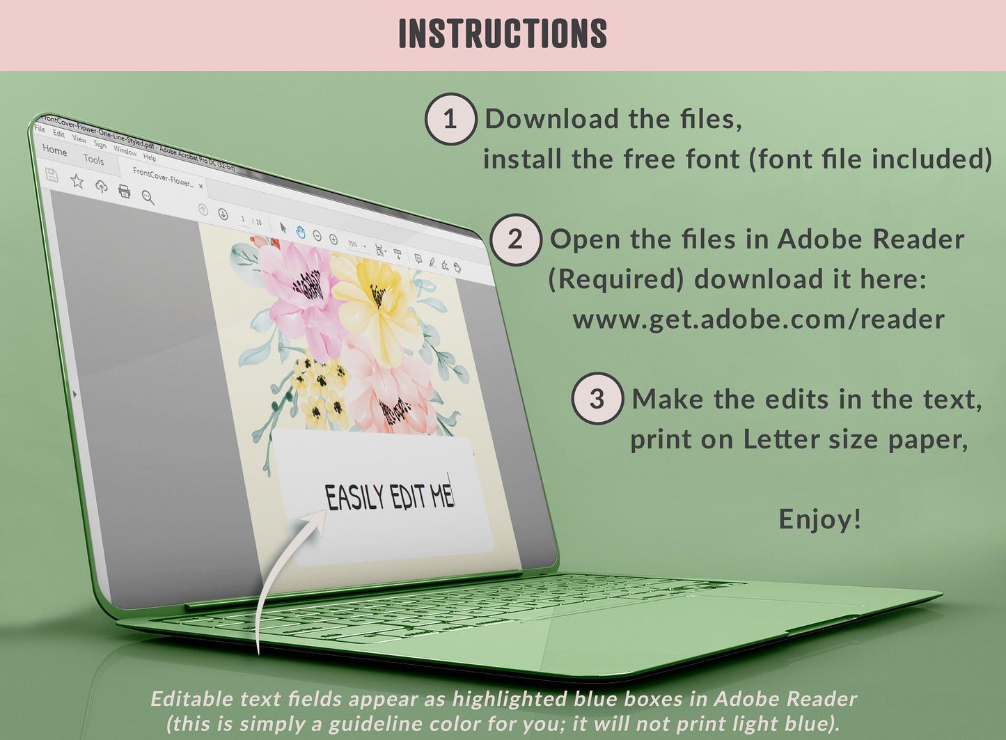 Flower Binder Cover, 10 Printable & Editable Binder Covers+Spines Binder Insert Planner Cover Teacher/School, Floral Printable Binder Cover