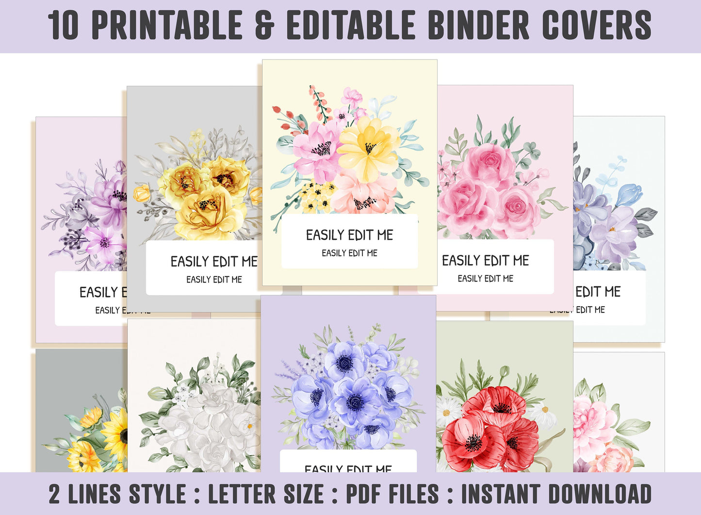 Flower Binder Cover, 10 Printable & Editable Binder Covers+Spines Binder Insert Planner Cover Teacher/School, Floral Printable Binder Cover