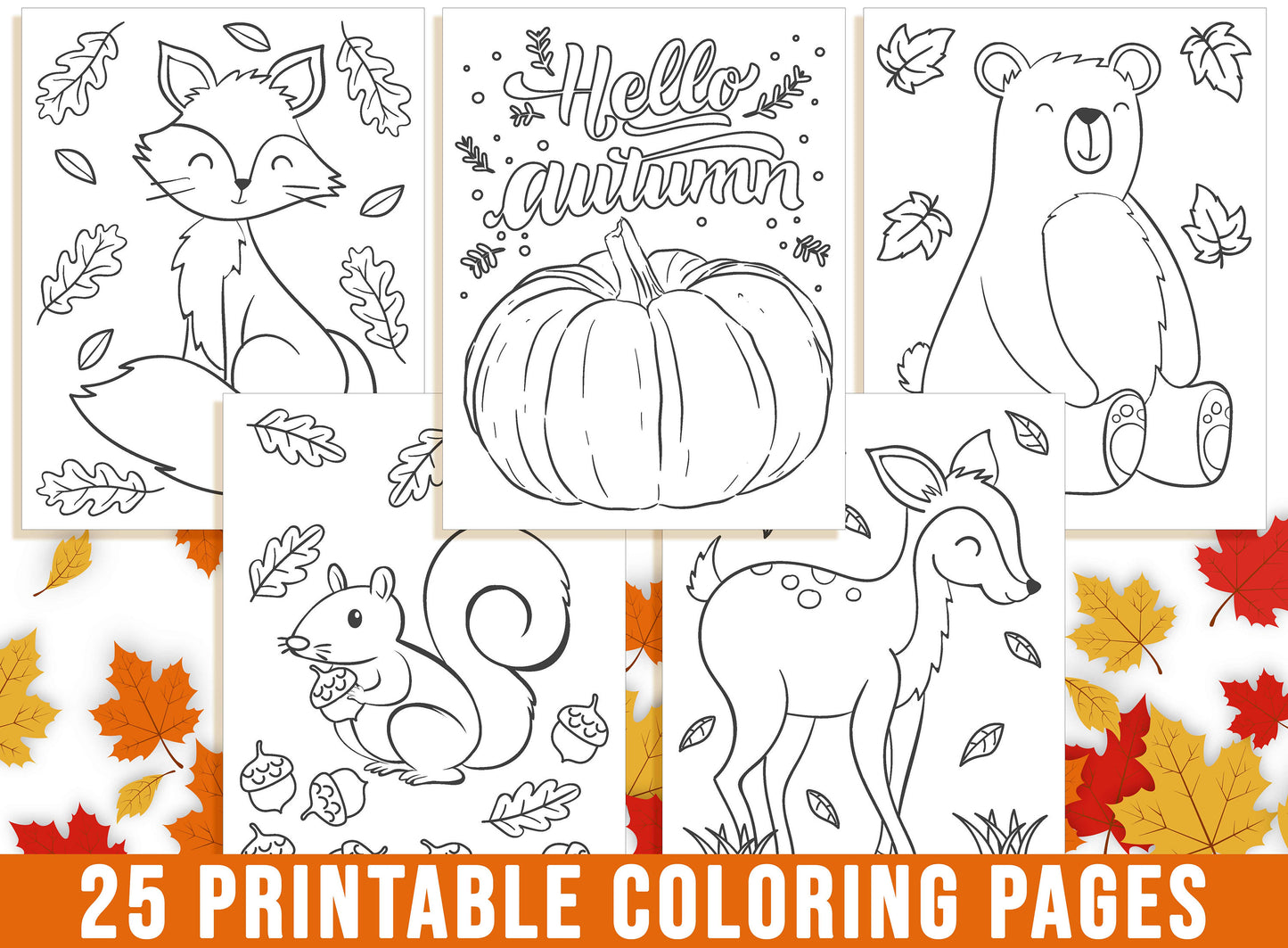 Fall Coloring Pages, Autumn Coloring Book for Kids, Fall Leaf, Fall Flower, Pumpkin, Fox, Oak, Owl, Squirrels, Deer, Bear, Thanksgiving, PDF