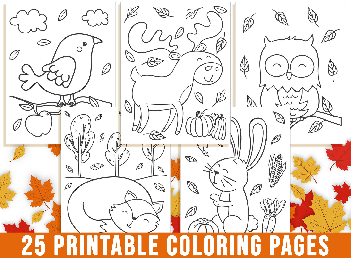 Fall Coloring Pages, Autumn Coloring Book for Kids, Fall Leaf, Fall Flower, Pumpkin, Fox, Oak, Owl, Squirrels, Deer, Bear, Thanksgiving, PDF