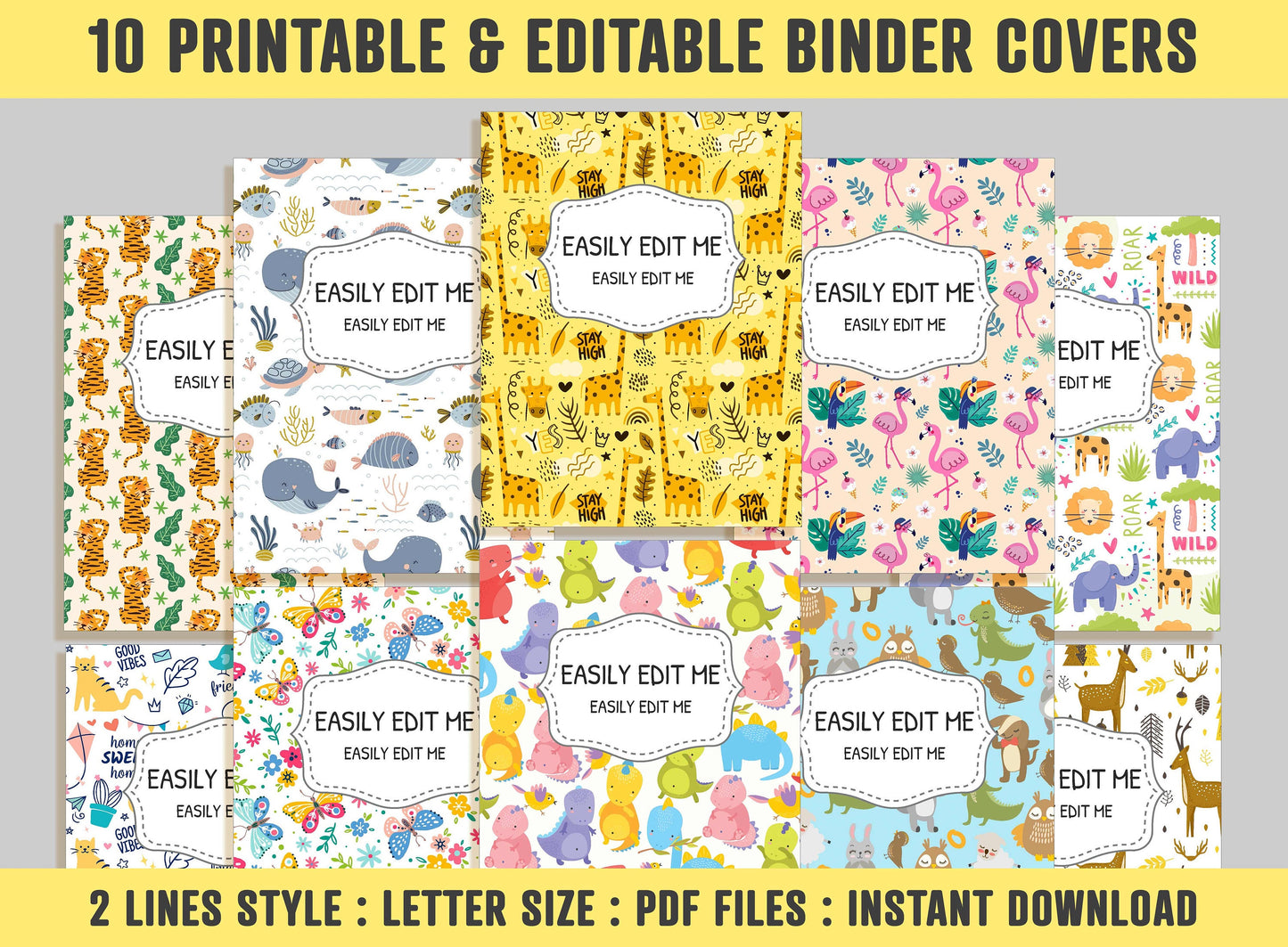 Binder Covers For School, 10 Printable & Editable Binder Covers+Spines, Binder Insert Template Teacher Planner Cover, Printable Binder Cover