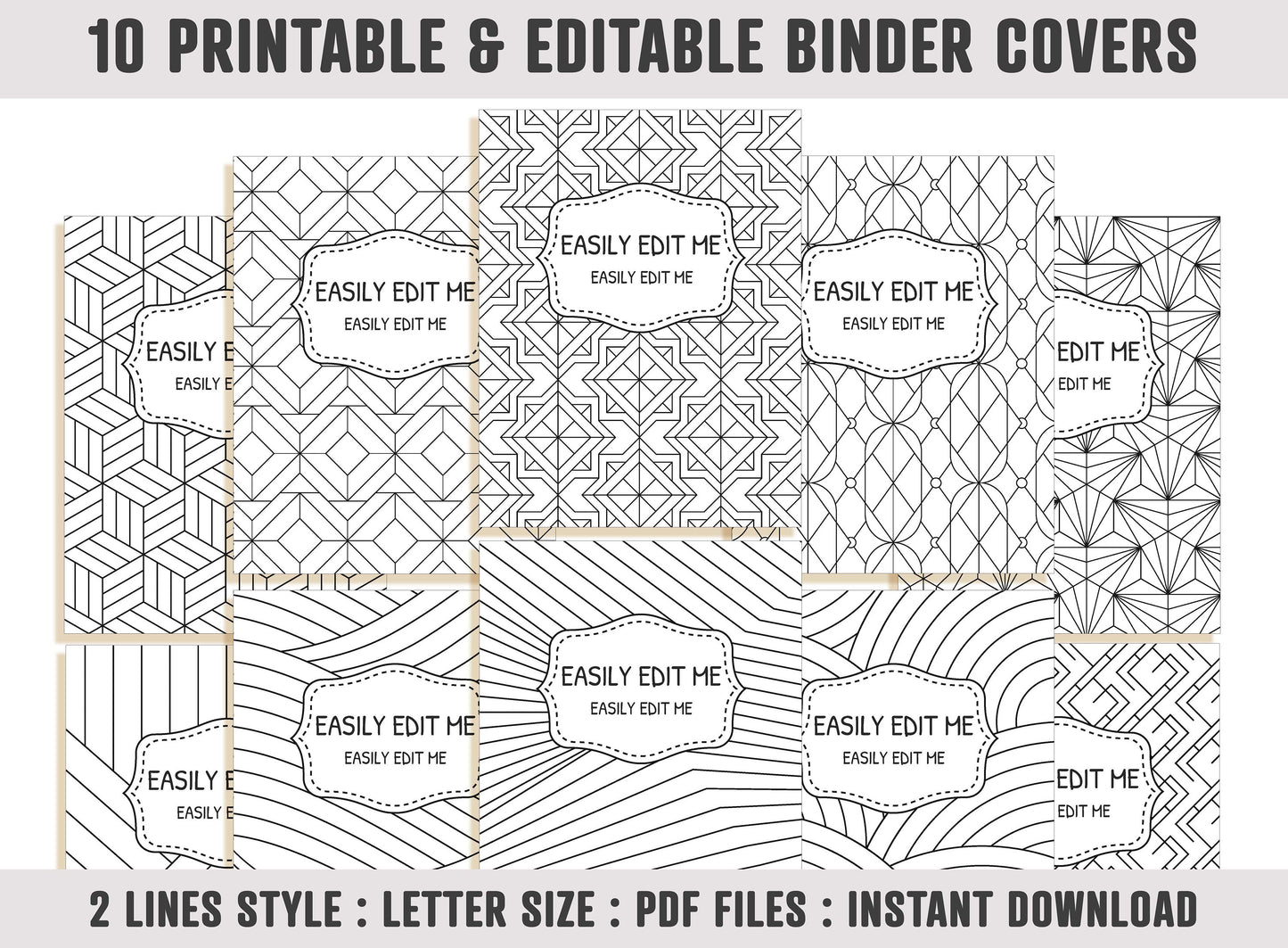 Binder Cover Black and White, 10 Covers+Spines, Binder Cover Printable, Editable, Teacher/School Binder Planner Cover Binder Insert Template