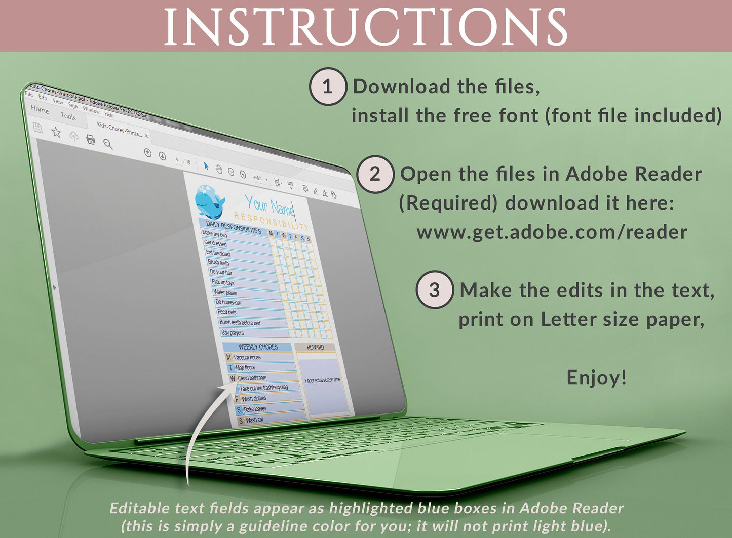 Kids Chores Printable, Chore Chart for Kids Custom, Responsibility Chart Printable, Fully Editable Daily Weekly Routine Reward, To Do List