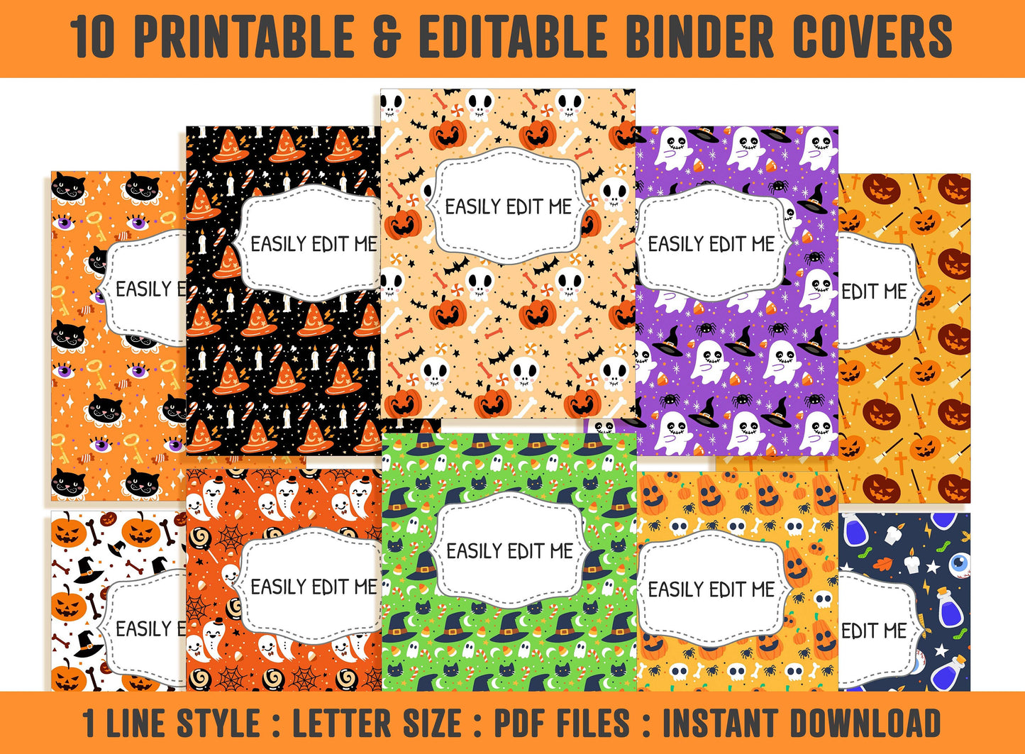 Halloween Binder Cover, 10 Printable & Editable Binder Covers+Spines, Halloween Planner Cover, Teacher/School Binder Page Fall Binder Insert