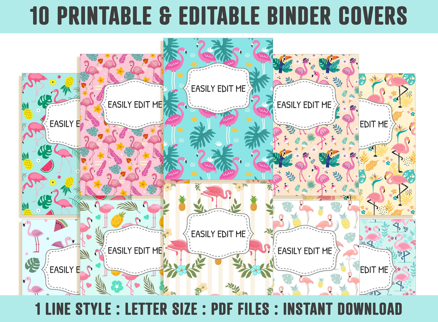 Binder Cover Flamingo, 10 Printable & Editable Binder Covers+Spines, Binder Cover Inserts Planner Cover Template, Teacher/School Binder, PDF