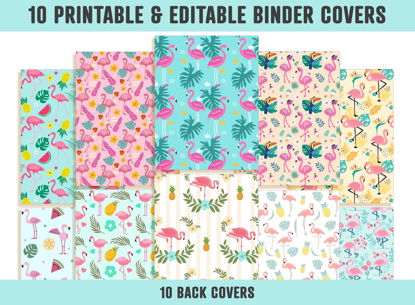 Binder Cover Flamingo, 10 Printable & Editable Binder Covers+Spines, Binder Cover Inserts Planner Cover Template, Teacher/School Binder, PDF