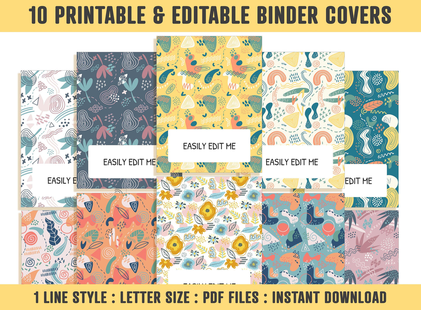 Abstract Planner Cover, 10 Printable & Editable Binder Covers+Spines, Binder Cover Inserts, Planner Cover Template, Teacher/School Binder
