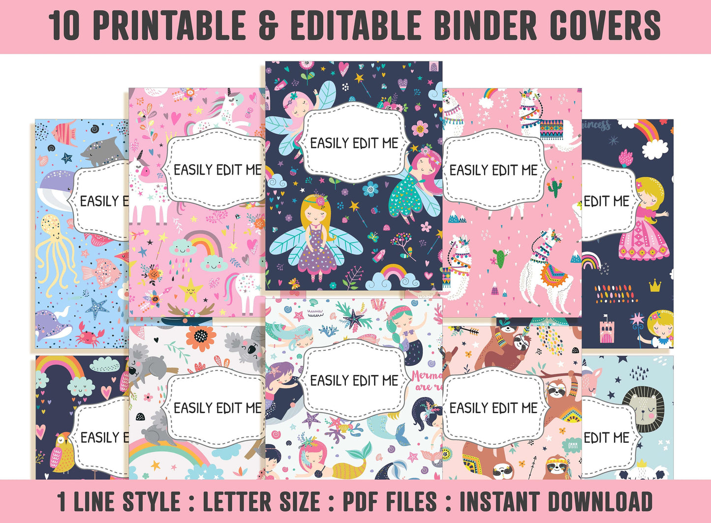 Binder Cover for Girls, 10 Editable Covers+Spines, Teacher/School Binder Template, Planner Cover, Binder Inserts, Printable Binder Cover