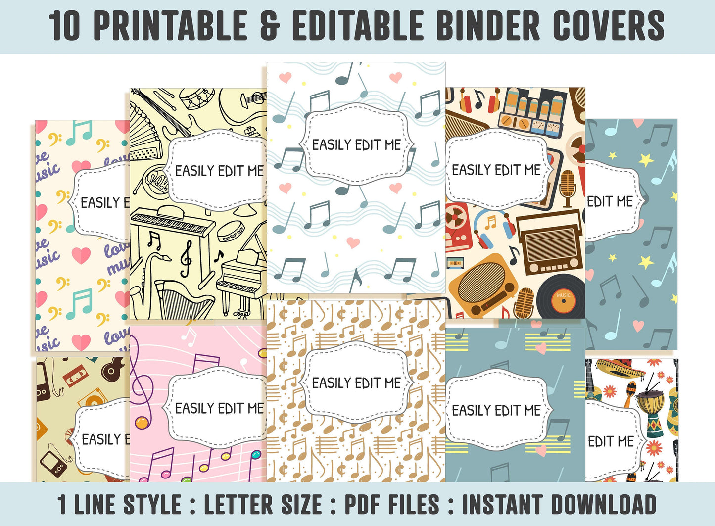 Binder Cover Music, 10 Printable/Editable Covers+Spines, Teacher/School Binder, Planner Cover, Note Planner Insert, Binder Cover Printable