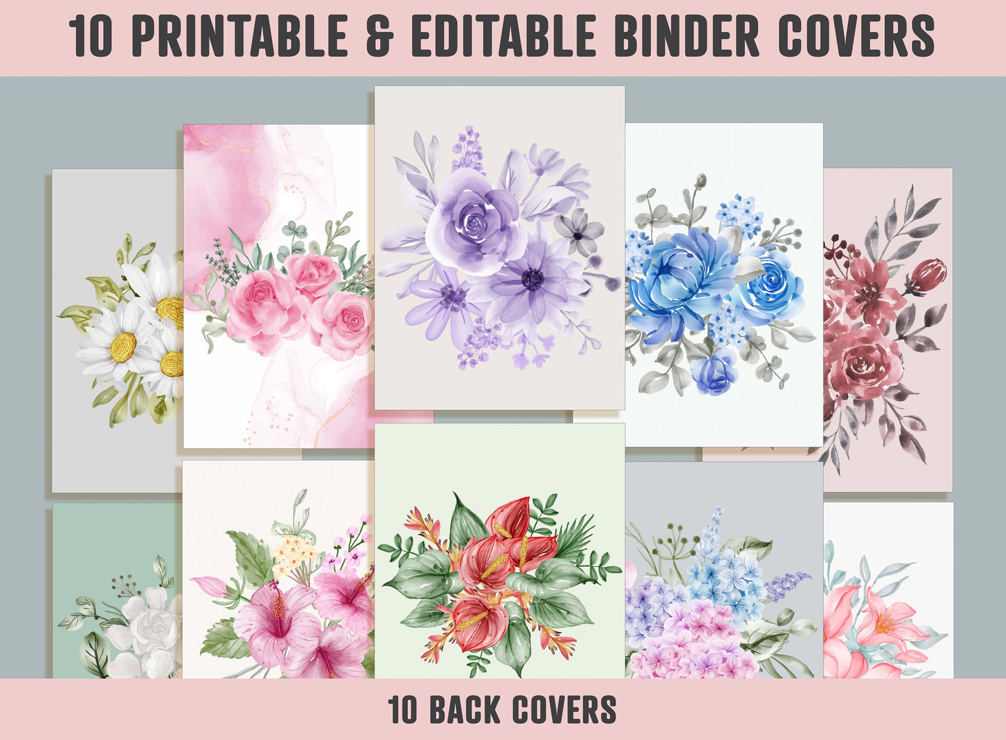 Floral Binder Cover, 10 Covers+Spines, Binder Cover Printable, Editable, Teacher, Kids, School Binder, Planner Cover, Binder Insert, Flower