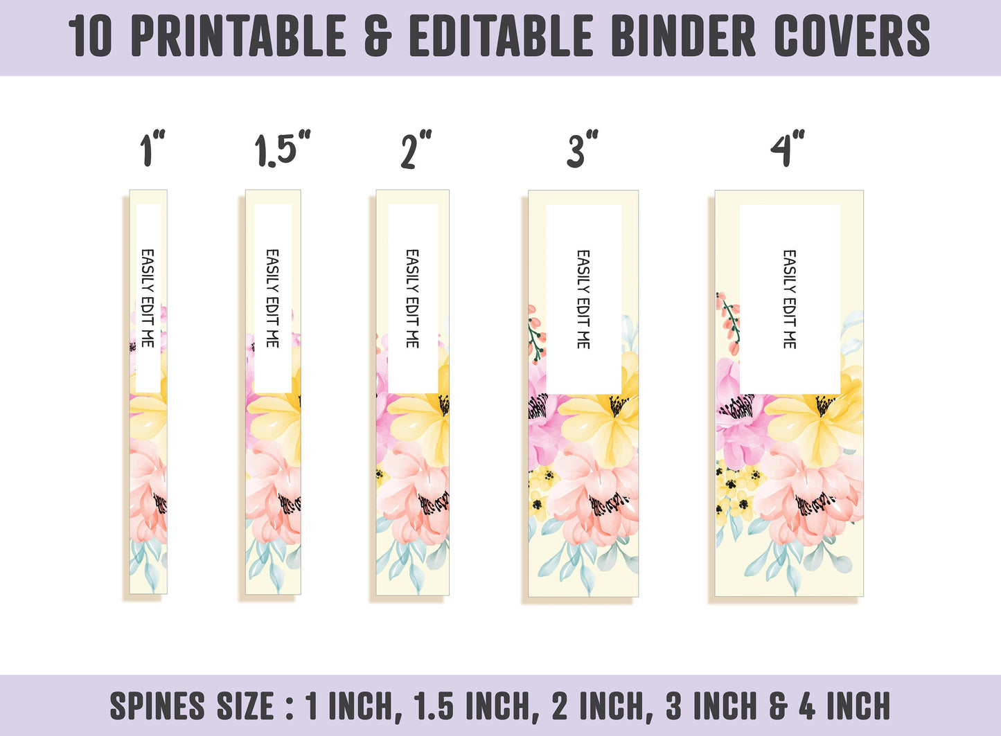 Flower Binder Cover, 10 Printable & Editable Binder Covers+Spines Binder Insert Planner Cover Teacher/School, Floral Printable Binder Cover