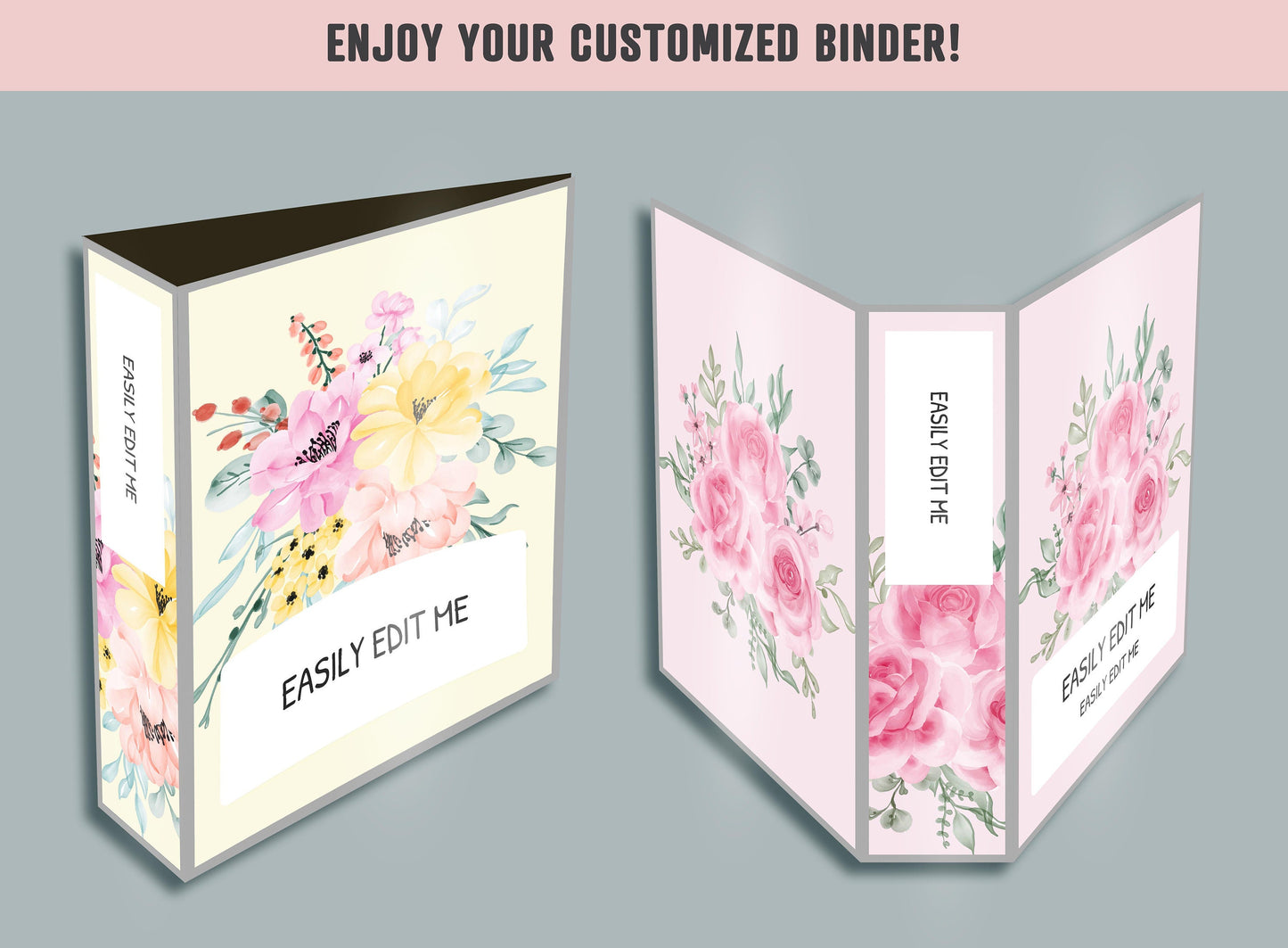 Flower Binder Cover, 10 Printable & Editable Binder Covers+Spines Binder Insert Planner Cover Teacher/School, Floral Printable Binder Cover