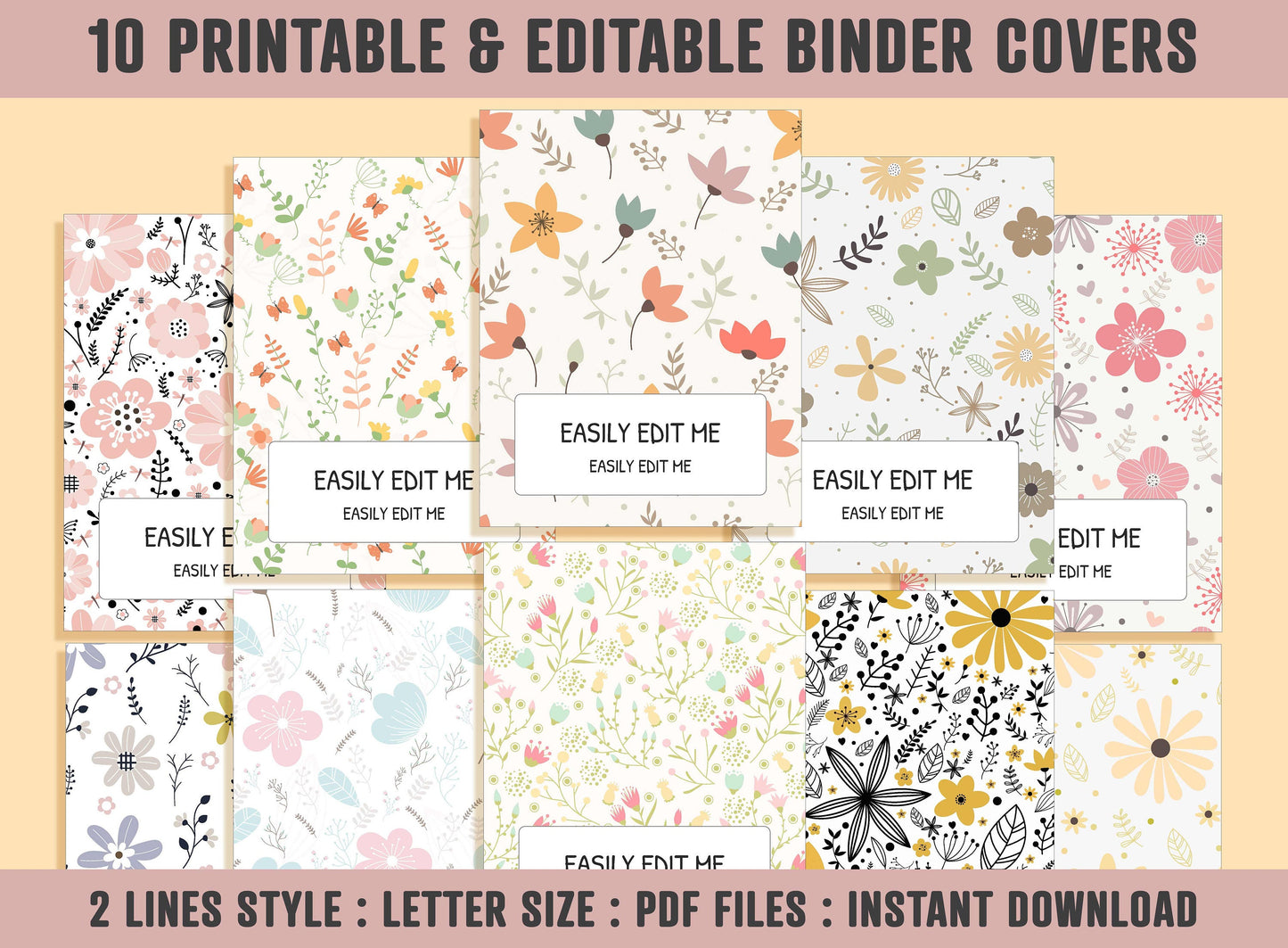 Binder Cover Sheet, 10 Printable & Editable Binder Covers+Spines, Floral Binder Cover, Binder Cover Inserts Planner Template Teacher/School