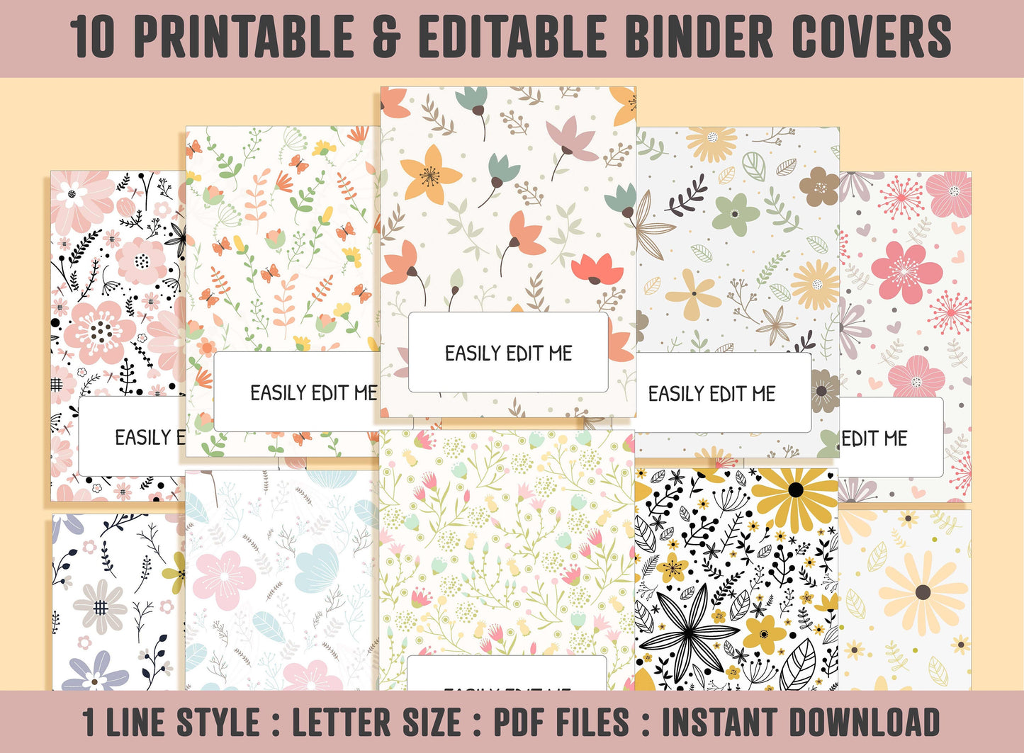 Binder Cover Sheet, 10 Printable & Editable Binder Covers+Spines, Floral Binder Cover, Binder Cover Inserts Planner Template Teacher/School