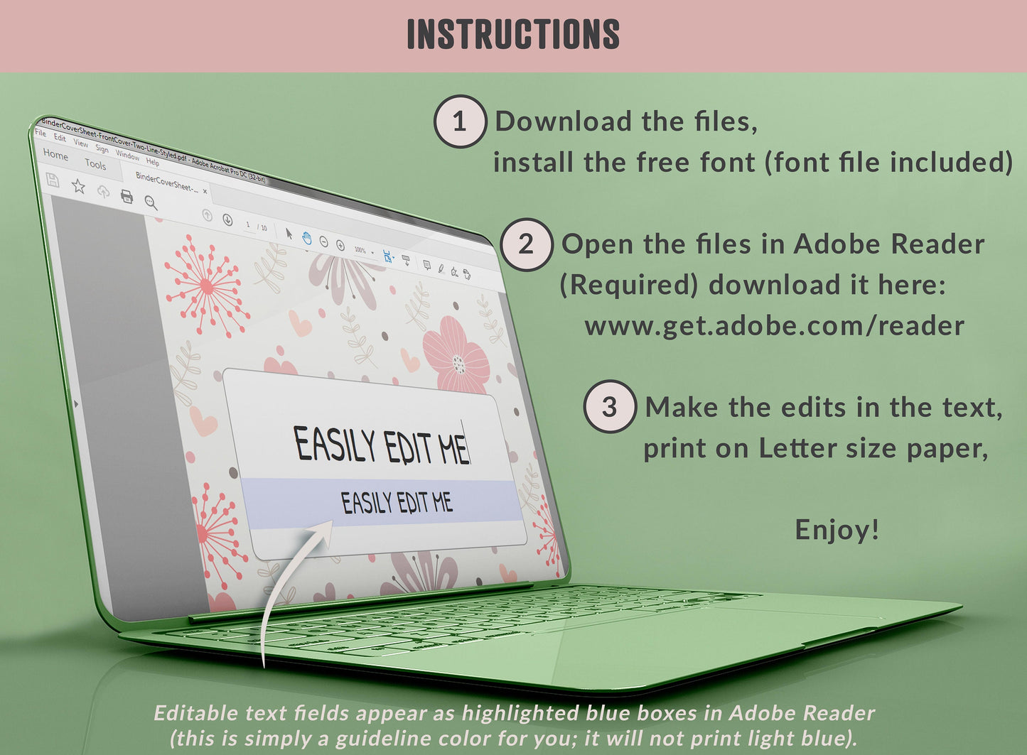 Binder Cover Sheet, 10 Printable & Editable Binder Covers+Spines, Floral Binder Cover, Binder Cover Inserts Planner Template Teacher/School