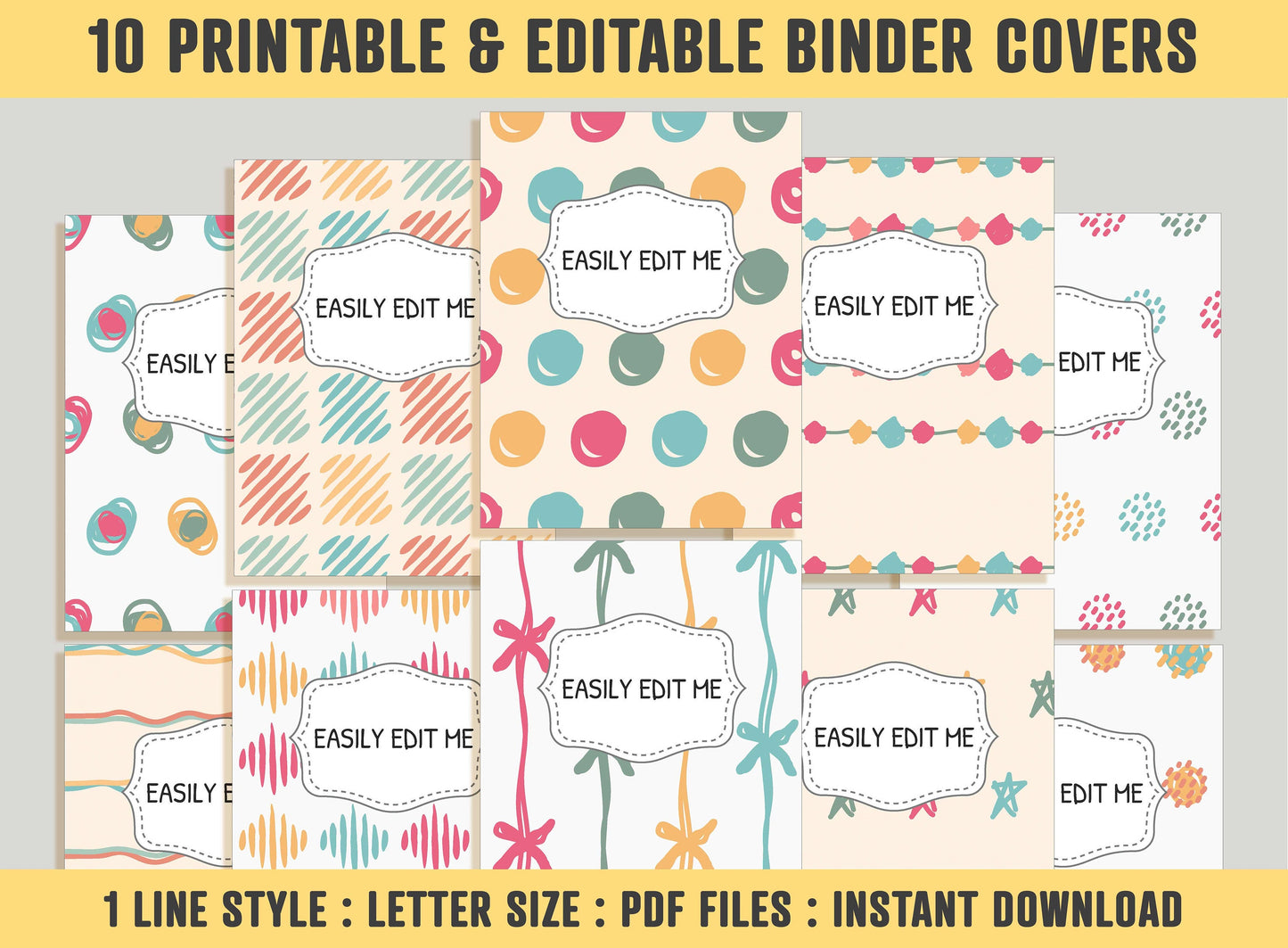 Binder Cover Printable Editable, 10 Covers+Spines, Binder Inserts, Planner Cover, Teacher and School Binder Cover, Binder Cover Template PDF