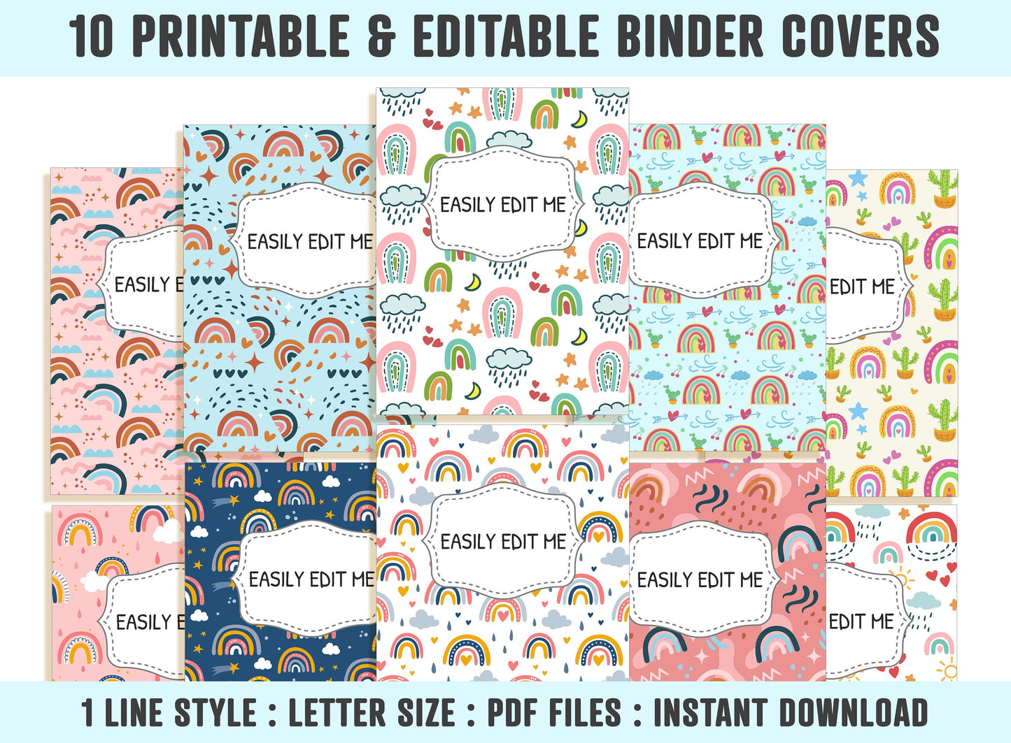 Rainbow Binder Cover, 10 Printable & Editable Binder Covers+Spines, Binder Inserts, Planner Cover, Teacher/School Binder Cover, Folder Cover